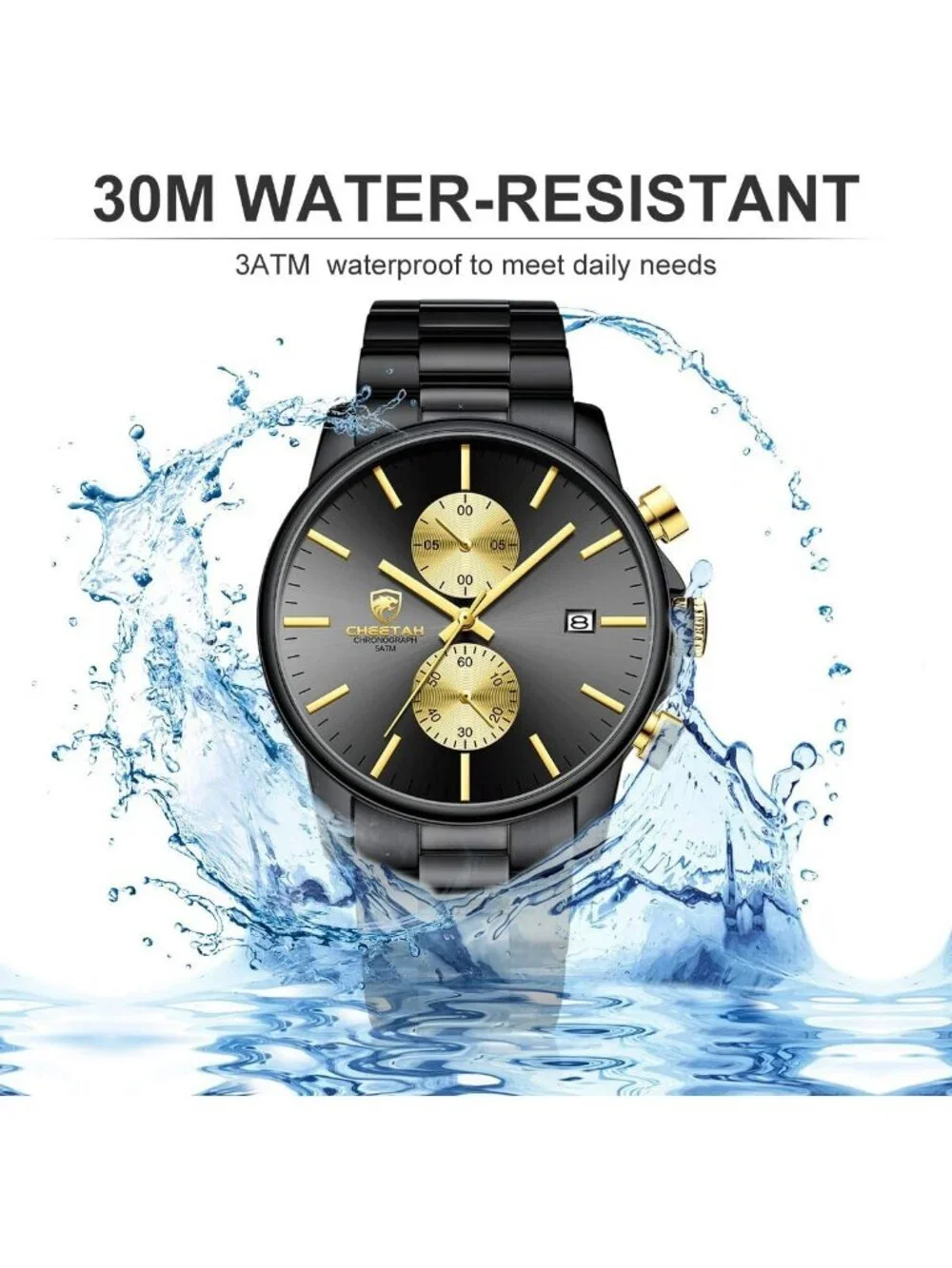 Men's Black And Gold Face Stainless Steel Waterproof Chronograph Quartz Watch